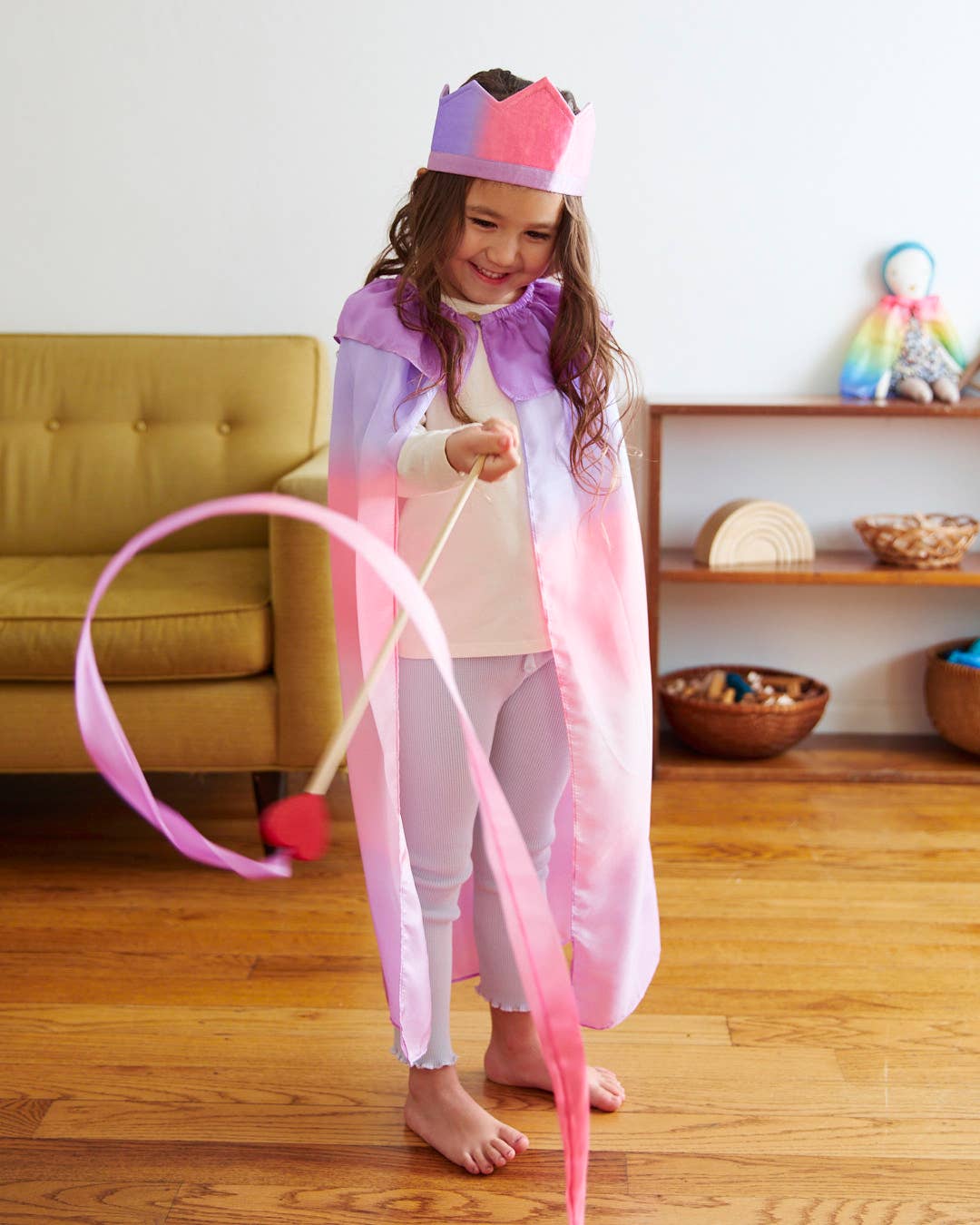 Sarahs Silk Pink & Purple Silk & Wood Streamer - Wand for Pretend Play - - MamaMilla