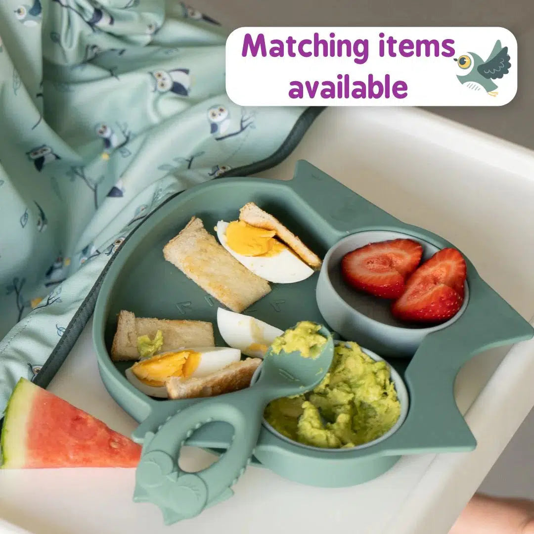 Tidy Tot Lätzchen, Teller und Löffel – SET – Eule – Lätzchen mit Ärmeln – MamaMilla